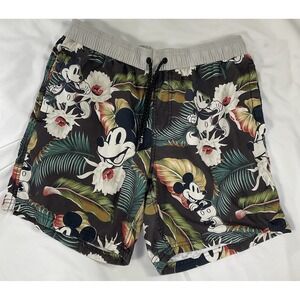 Disney Men Shorts S Black Floral Mickey Mouse Swim Trunks Pocket 7" Inseam 379